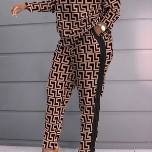 Plus Size Contrast Geometric Print Tops & Pants Set, Women's Plus Casual Two Pie